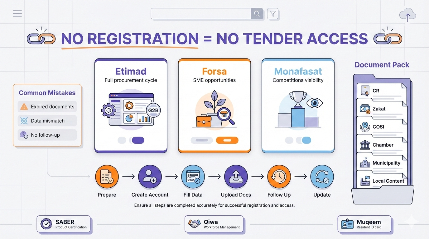 منصات المشتريات الإلكترونية السعودية: منصة اعتماد للمشتريات الحكومية، منصة فرصة للمنشآت الصغيرة، منصة منافسات للمنافسات الحكومية