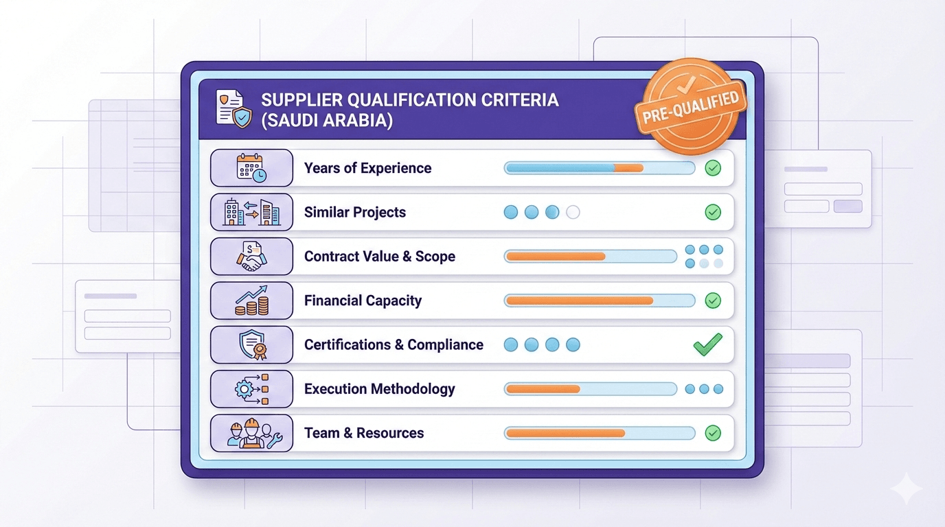 معايير تأهيل الموردين في المناقصات الحكومية السعودية: سنوات الخبرة، المشاريع المشابهة، القيمة التعاقدية، القدرة المالية، الشهادات، منهجية التنفيذ، الفريق والموارد