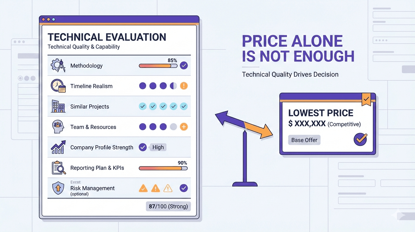 التقييم الفني في المناقصات: الجودة الفنية تتفوق على السعر - منهجية التنفيذ، الجدول الزمني، المشاريع المشابهة، الفريق، قوة الملف، خطة التقارير، إدارة المخاطر