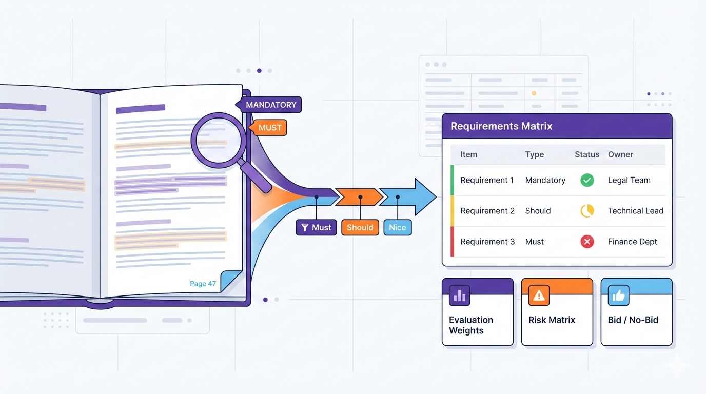 تحليل كراسة الشروط: دليل احترافي لاستخراج المتطلبات وتقييم معايير التقييم وتحديد المخاطر في المناقصات الحكومية